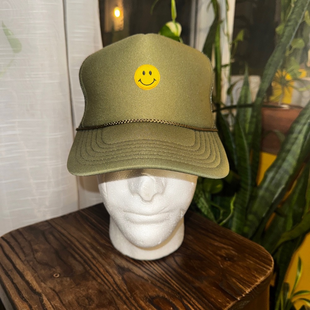 Olive Green Trucker Hat Smiley Face Patch Adjustable Mesh Back